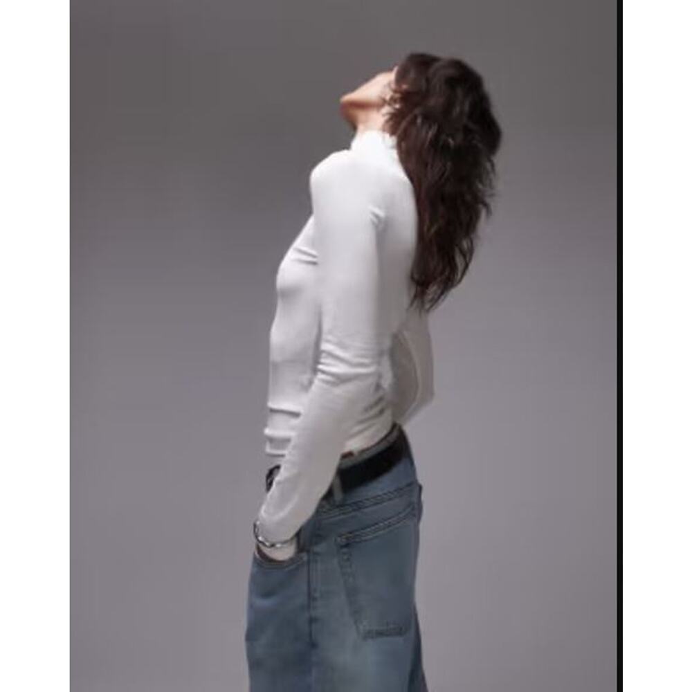 Topshop‎ Women's Ribbed Long Sleeve Funnel Neck Cotton Top in Ivory Size 12 $18